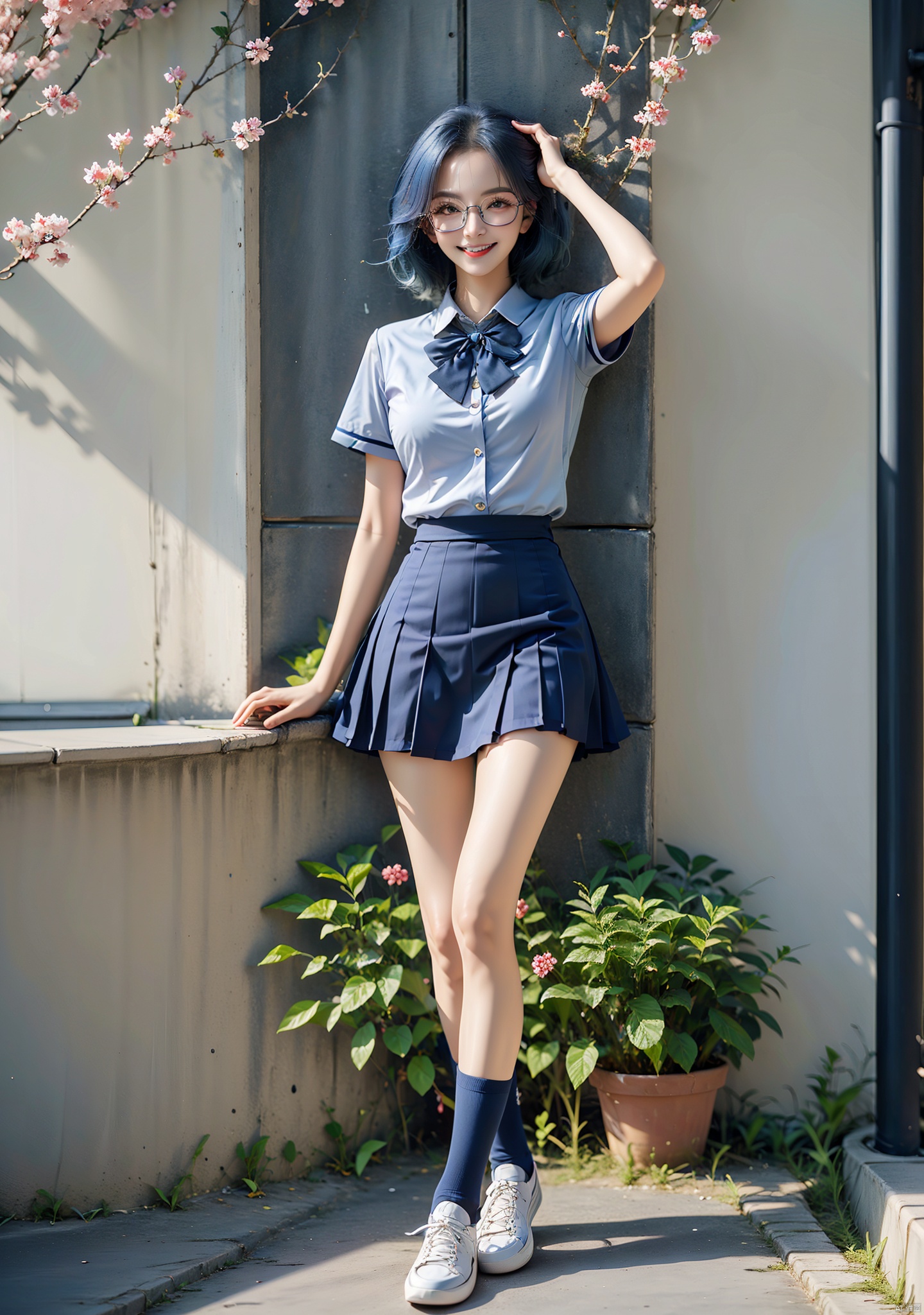 Girl, single, long hair, big breasts, looking at the audience, smiling, bangs, big breasts, (blue hair :1.6), Enhanced, masterpiece, 16K, JK, 1 girl, glasses, short hair, school uniform, skirt, sneakers, body,  cherry blossom background, petals falling,blue hair,babatabule,moyou,