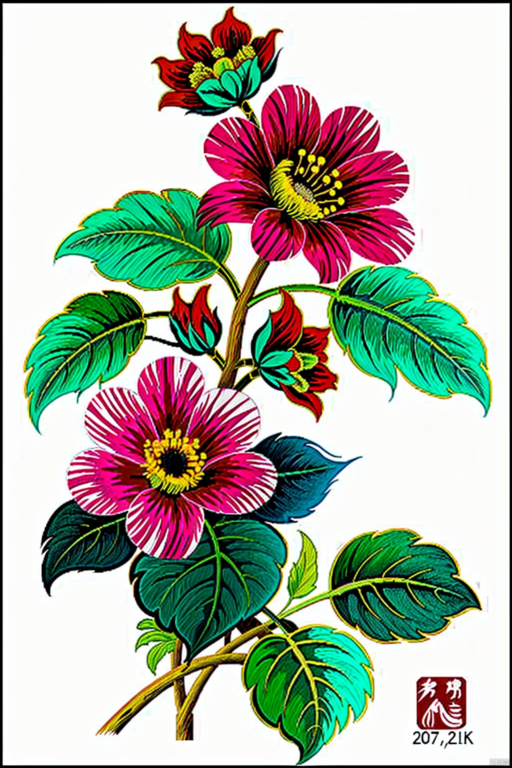 simple background, white background, flower, artist name, no humans, bird, animal, leaf, traditional media, border, plant, pink flower, painting (medium), animal focus
, embroidery, flower