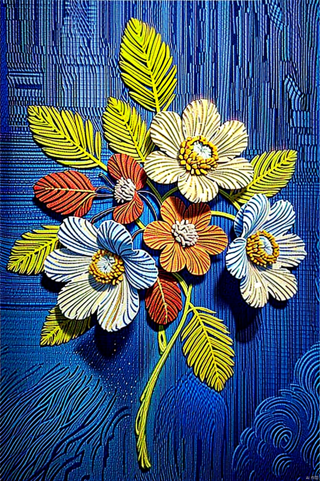 simple background, flower, grey background, no humans, leaf, traditional media, plant, white flower, realistic, still life
, embroidery, flower