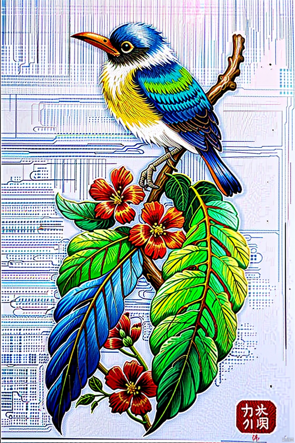simple background, white background, full body, flower, dated, no humans, bird, animal, leaf, traditional media, animal focus
, embroidery, bird