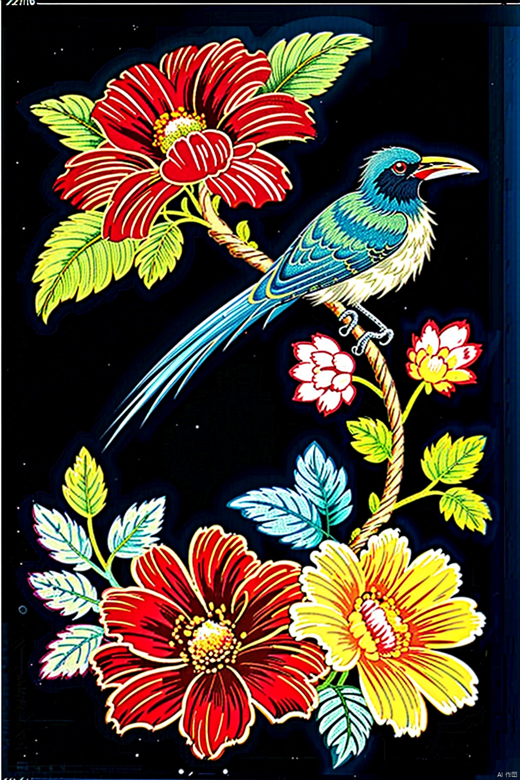 simple background, flower, no humans, fruit, bird, animal, leaf, plant, black background, branch, animal focus
, embroidery, bird