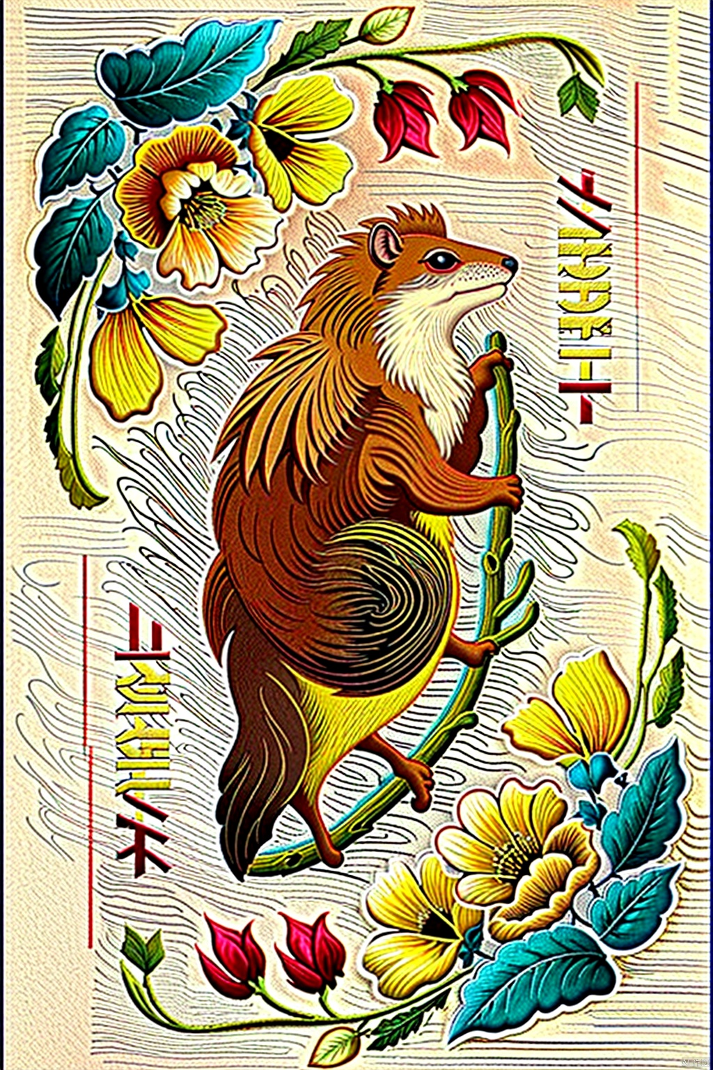 solo, white background, full body, flower, from side, no humans, profile, animal, leaf, traditional media, plant, yellow flower, branch, animal focus
, embroidery, anim