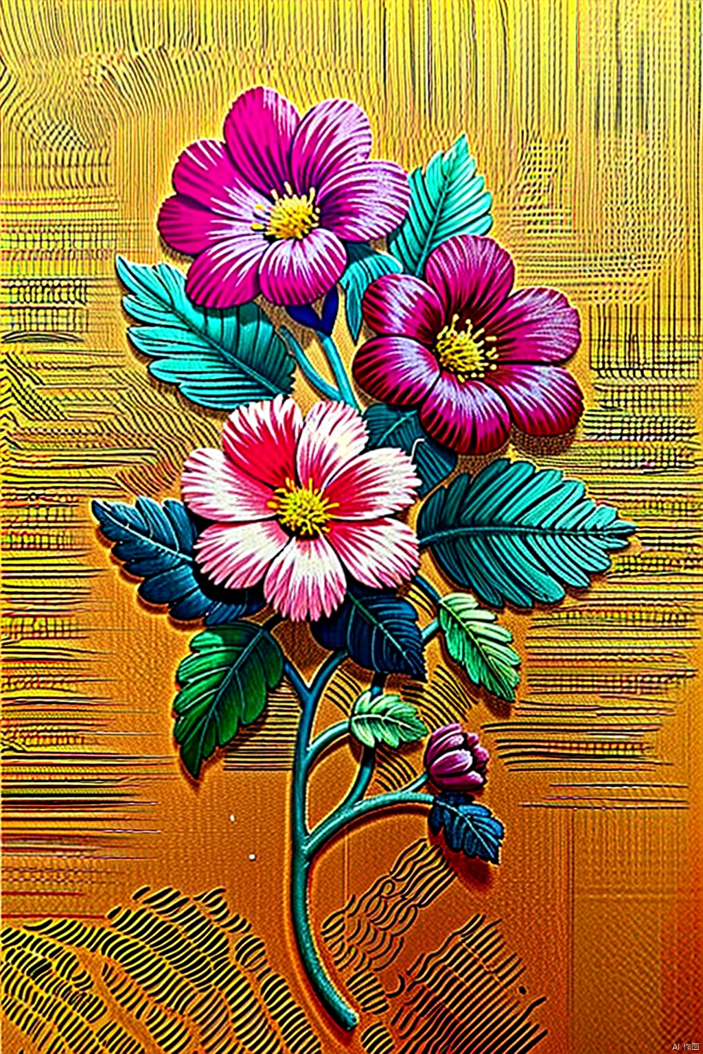 simple background, flower, no humans, leaf, traditional media, plant, pink flower, painting (medium), still life
, embroidery, flower