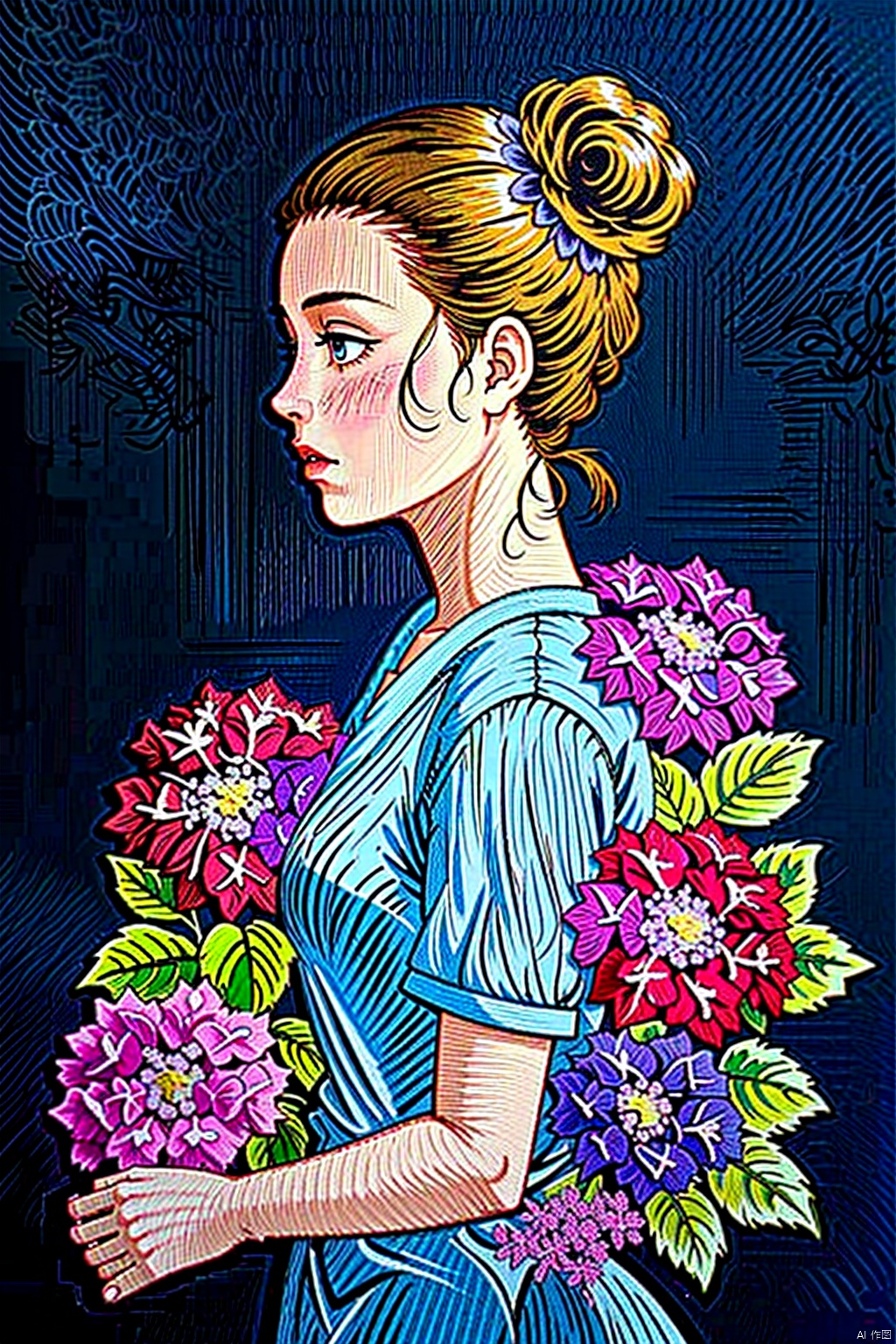 1girl, solo, brown hair, shirt, 1boy, flower, short sleeves, hair bun, profile, leaf, single hair bun, plant, black background, pink flower, blue flower, purple flower, hydrangea, morning glory
, embroidery, girl