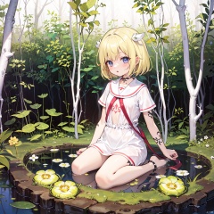  masterpiece, bestquality, Traptrix style, 1girl, loli, solo, (narcissus:1.3), light yellow hair, white clothing, Tattoos, (Barefoot:0.5), forest, full body,