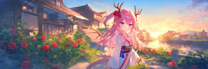 1girl,fuzichoco, ask \(askzy\),masterpiece, newest, absurdres,  solo.dragon wings, tail, horns, solo, antlers, pointy ears, japanese clothes, side slit, long hair, two side up, bangs, sky, house, purple eyes, building, hair between eyes, closed mouth, medium breasts, pink hair, plant, slit pupils, standing,  sunset, river, looking at viewer, hair ornaments, walking on the street, close-up, animal, blue eyes, blue sky, bracelet, breasts, day, flower, from side, grass, indoors, jewelry, kimono, necklace, night, night sky, outdoors, red flower, red rose, rose