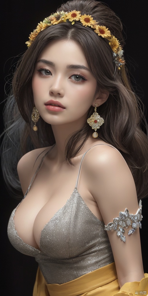  1girl,Han Chinese girls,sparkle,yellow Hanfu,chinese clothes,large breasts,sunflower,jewelry, earrings,lips, makeup, portrait, eyeshadow, realistic, nose,{{best quality}}, {{masterpiece}}, {{ultra-detailed}}, {illustration}, {detailed light}, {an extremely delicate and beautiful}, a girl, {beautiful detailed eyes}, stars in the eyes, messy floating hair, colored inner hair, Starry sky adorns hair, depth of field, large breasts,cleavage,blurry, no humans, traditional media, gem, crystal, still life, Dance,movements, All the Colours of the Rainbow,zj,
simple background, shiny, blurry, no humans, depth of field, black background, gem, crystal, realistic, red gemstone, still life,
