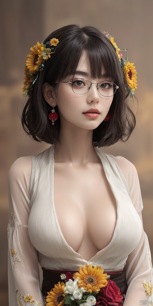  1girl,Han Chinese girls,sparkle,yellow Hanfu,Frameless glasses,chinese clothes,large breasts,sunflower,jewelry, earrings,lips, makeup, portrait, eyeshadow, realistic, nose,{{best quality}}, {{masterpiece}}, {{ultra-detailed}}, {illustration}, {detailed light}, {an extremely delicate and beautiful}, a girl, {beautiful detailed eyes}, stars in the eyes, messy floating hair, colored inner hair, Starry sky adorns hair, depth of field, large breasts,cleavage,blurry, no humans, traditional media, gem, crystal, still life, Dance,movements, All the Colours of the Rainbow,zj,
simple background, shiny, blurry, no humans, depth of field, black background, gem, crystal, realistic, red gemstone, still life,
