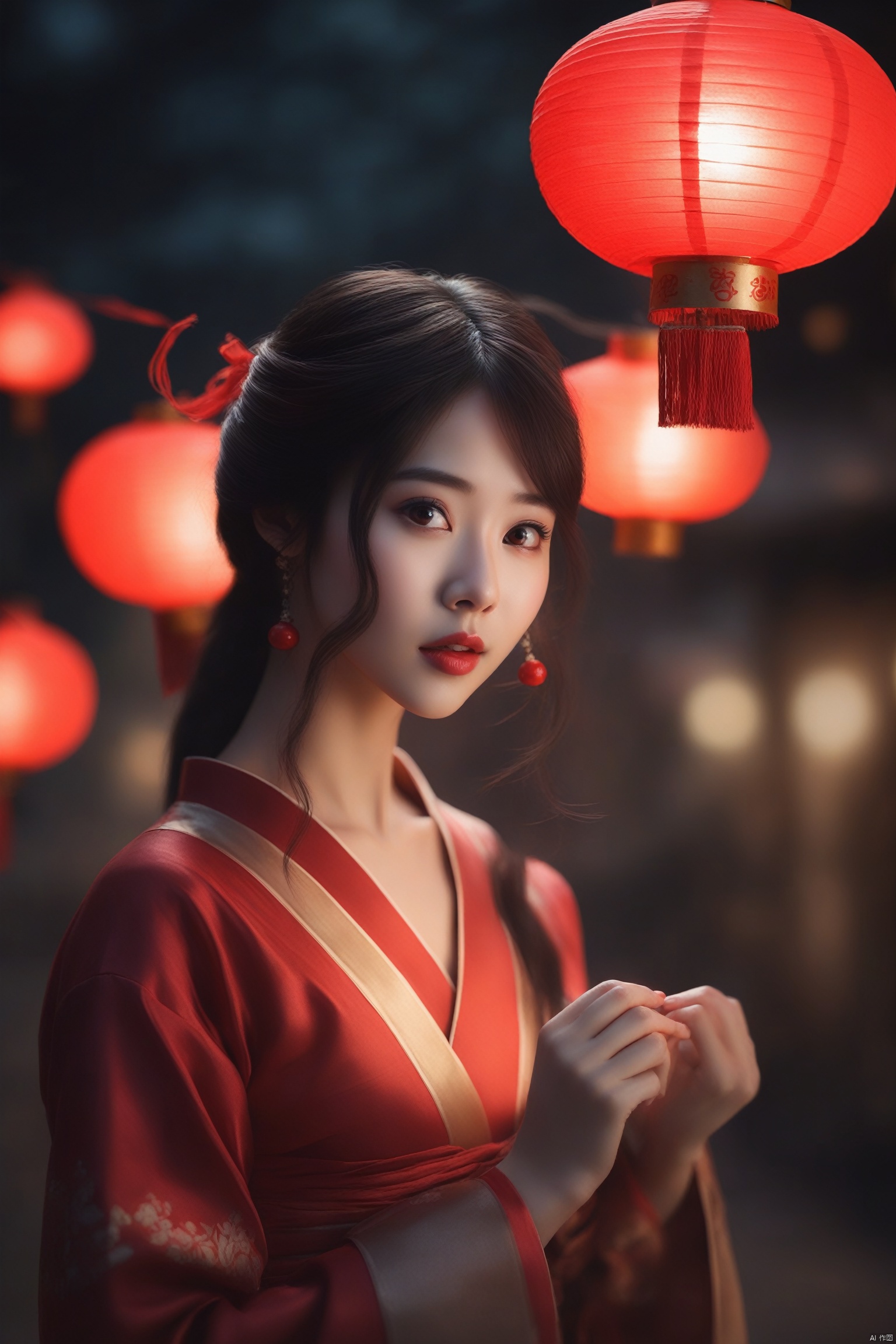 wzyao_b,blurry, depth_of_field, blurry_background, 1girl, bokeh, solo, blurry_foreground, black_hair, lips, paper_lantern, hair_ornament, red_lips, lantern, brown_eyes