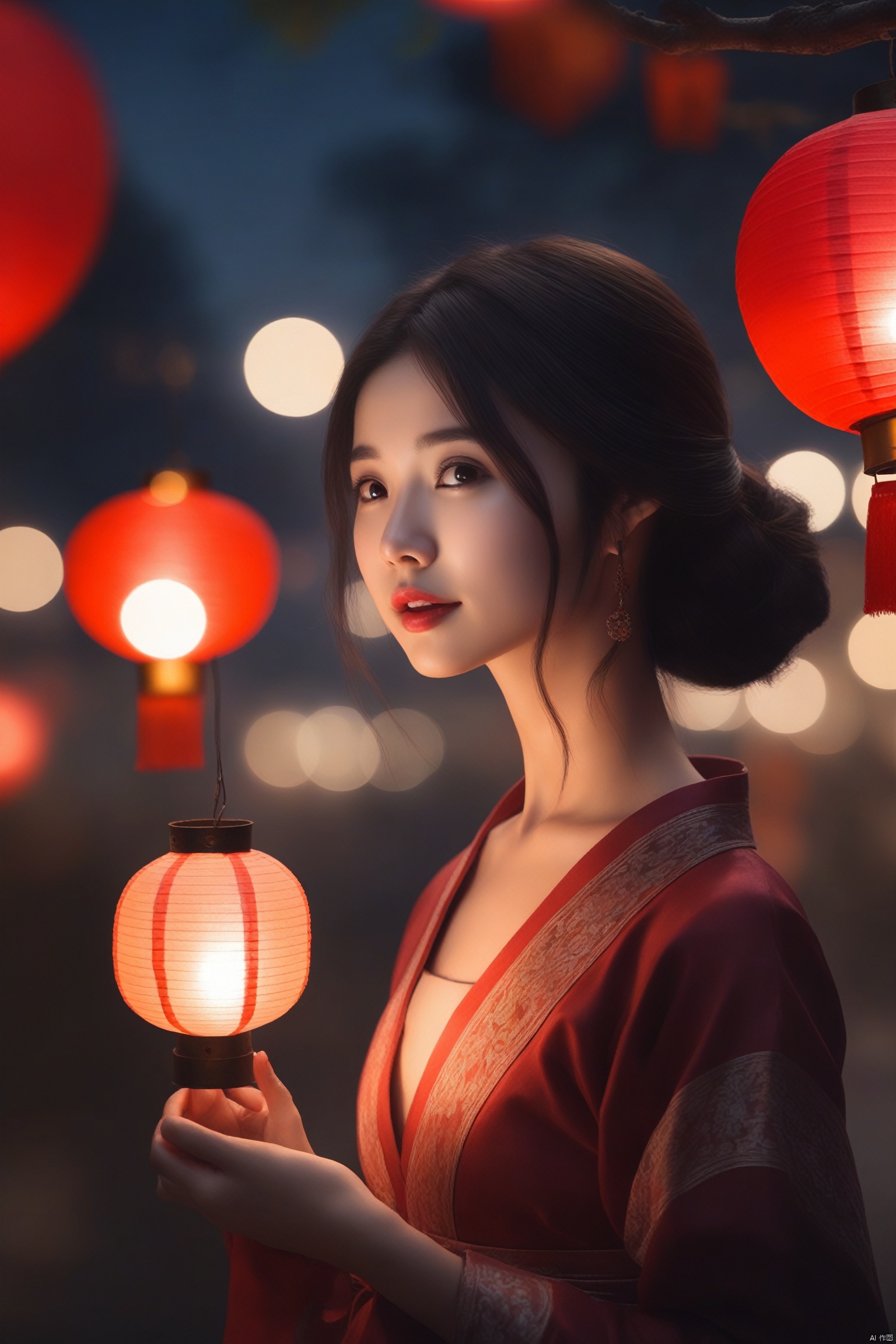 wzyao_b,blurry, depth_of_field, blurry_background, 1girl, bokeh, solo, blurry_foreground, black_hair, lips, paper_lantern, hair_ornament, red_lips, lantern, brown_eyes