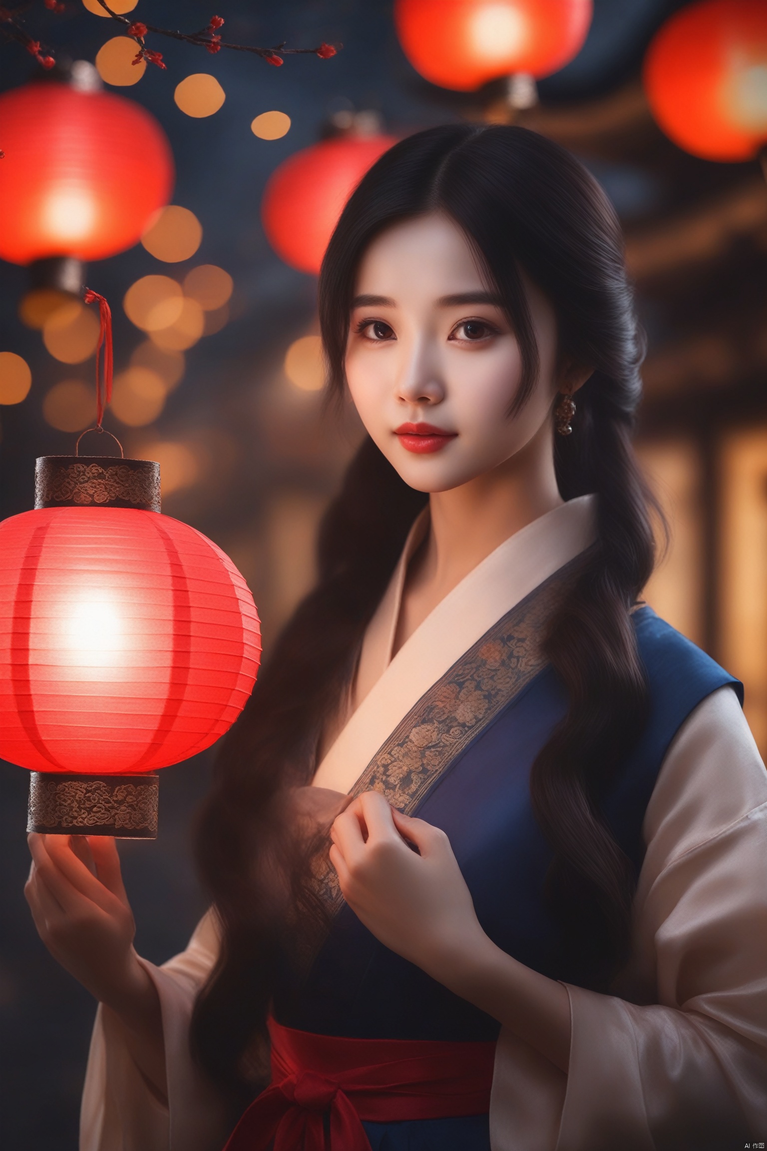 wzyao_b,blurry, depth_of_field, blurry_background, 1girl, bokeh, solo, blurry_foreground, black_hair, lips, paper_lantern, hair_ornament, red_lips, lantern, brown_eyes