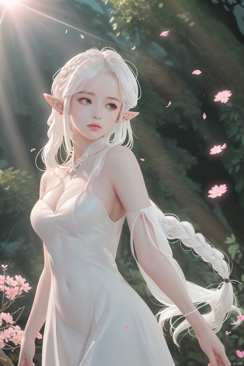  (masterpiece, best quality, high quality, highres, ultra-detailed), realistic,,,1 sweet girl, the greater lord rukkhadevata, (side braid:1.1), long hair,((white hair)), leaf hair ornament, (pointy ears), elf, green eyes, pale skin, bare shoulders, (medium breasts), (cleavage:1.1), jewelry, white long dress, (detached sleeves:1.1), bracelet, (looking away:1.2), (hair floating:1.3), from side,,(in forest:1.3), (pink flowers:1.1), (falling petals:1.1), (lens flare from right:1.2), (god rays from right:1.2),,,