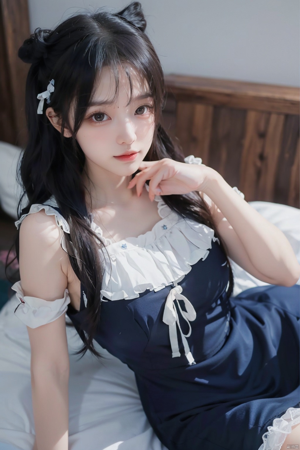 ((bestquality,masterpiece,Raytracing,Highquality)),1girl,moyou,(Bunnygirl),blackhair,(sexy),sleevelessdress,Photographicpose,{tornlegwear},（lolita_fashion）,{lying},tornlegwear,Blueseaside,PhantomSky,hairbun,mediumbreasts,assfocus<lora:EMS-312258-EMS:0.800000>