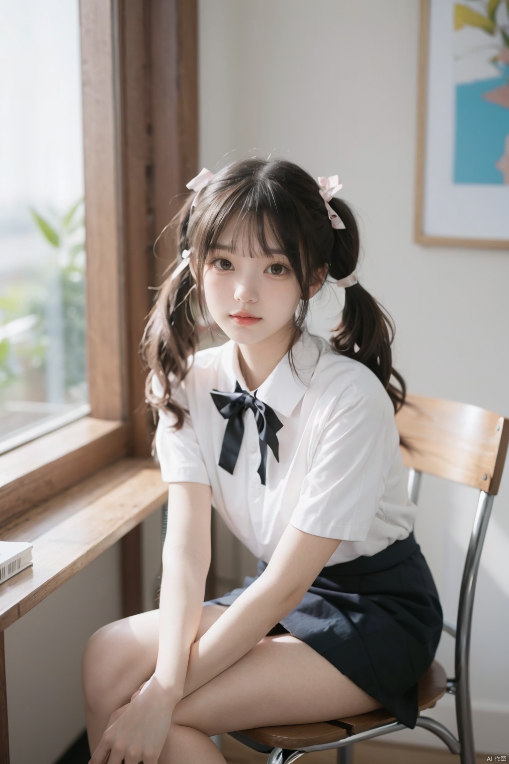 girl,solo,skirt,chair,sitting,shirt,twintails,long hair,looking at viewer,short sleeves,indoors,white shirt,brown hair,realistic,bangs,blurry,black skirt,ribbon,blurry background,blue ribbon,brown eyes,on chair,blunt bangs,hand on own knee,collared shirt,pencil skirt,depth of field,table,desktop<lora:EMS-312258-EMS:0.800000>
