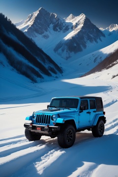  photographic of a Jeep car, snow mountain, epic photo, highly detailed, masterpiece, blue neon lights, cinematic angle, best quality, solo, bokeh, pixiv, depth of field