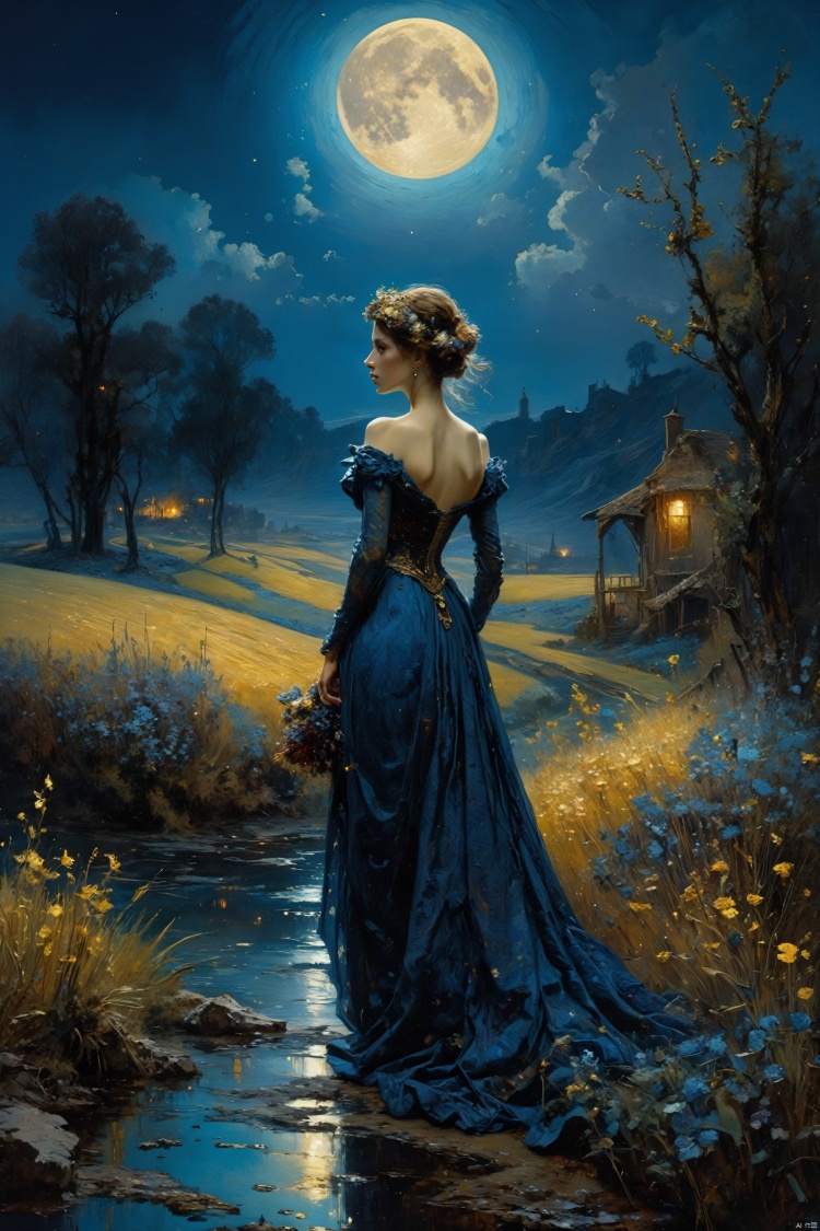  landscape by Gustave Moreau, Thomas Kinkade, James Gurney. Carne Griffiths. Frank Frazetta. van gogh, Alberto Sevesooil paint, masterpiece, Realistic, deep colors, blue tint, only bronze gold moon, night scenery, fields, Field, Intricate, detailed, sharp, clear, Better image quality, harsh brush strokes