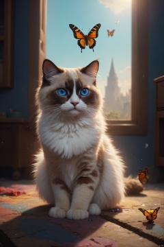  A cute (Ragdoll\(cat\)) with butterfly, colorful, clutter, ultra detailed, mysterious, scary, perfect environment, cinematic lighting, product photography, unreal engine, 8K, cgart butterfly