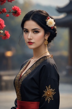  1girl, solo, jewelry, black hair, earrings, blurry background, black eyes, blurry, hair ornament, upper body, flower, realistic, traditional clothes, looking at viewer, long sleeves, lips, dress, closed mouth,best quality,masterpiece,realistic,HDR,UHD,8K,masterpiece,realistic,