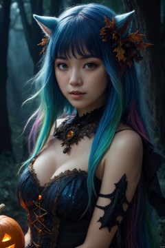  1 girl, Asian teenager, Halloween costume, masterpiece, best quality, ultra high res, highly detailed, psychedelic art (1.4), woman-demon (1.3), floating in dark mist (1.1), furry girl, anime furry women, (best quality), (masterpiece), (realistic), detailed, portrait, close up, young female, RAW photo, UHD, DSLR, rainbow hair, high quality, realistic, photo-realistic, dreamlike art, lens flare, upper body, looking at viewer, animal focus, furry, wolf fursuit, cute, kawaii, lovely, fur, fur head, wolf head, narrow waist, wolf ears, black choker, blush, paw, paw shoes, rainbow clothes, stunning gradient colors, no watermark signature, detailed background, woods, small lake with island, insanely detailed, visually stunning, wicked, hypnotic, alluring, cowboy shot, intricate, perfect shading, veil, beautiful, award-winning illustration, cosmic space background, ethereal atmosphere, ultra quality, beautiful girl, cosmic concept, rainbow strings, rainbow skin, rainbow bloody veins growing and intertwining out of the darkness, nailed wire, oozing thick blue blood, sharp neon, veins growing and pumping blood, vascular networks growing, green veins everywhere, yin and yang, glowing space, glowing stars, infinity symbol, dynamic pose, flying pose, glowing body, rainbow aura (1.1), beautiful angel, clockwork, lightning, majestic, breathtaking, guangying on face, jack-o'-lantern, witch hat, spider web, bats, haunted mansion, graveyard, full moon, eerie night sky, trick-or-treat bag, candy corn, spooky decorations, ghostly apparitions, pumpkin patch, creepy crawlies, scarecrow, witches' brew, cauldron, black cat, gothic elements, supernatural powers, magical spells, spellbinding enchantment