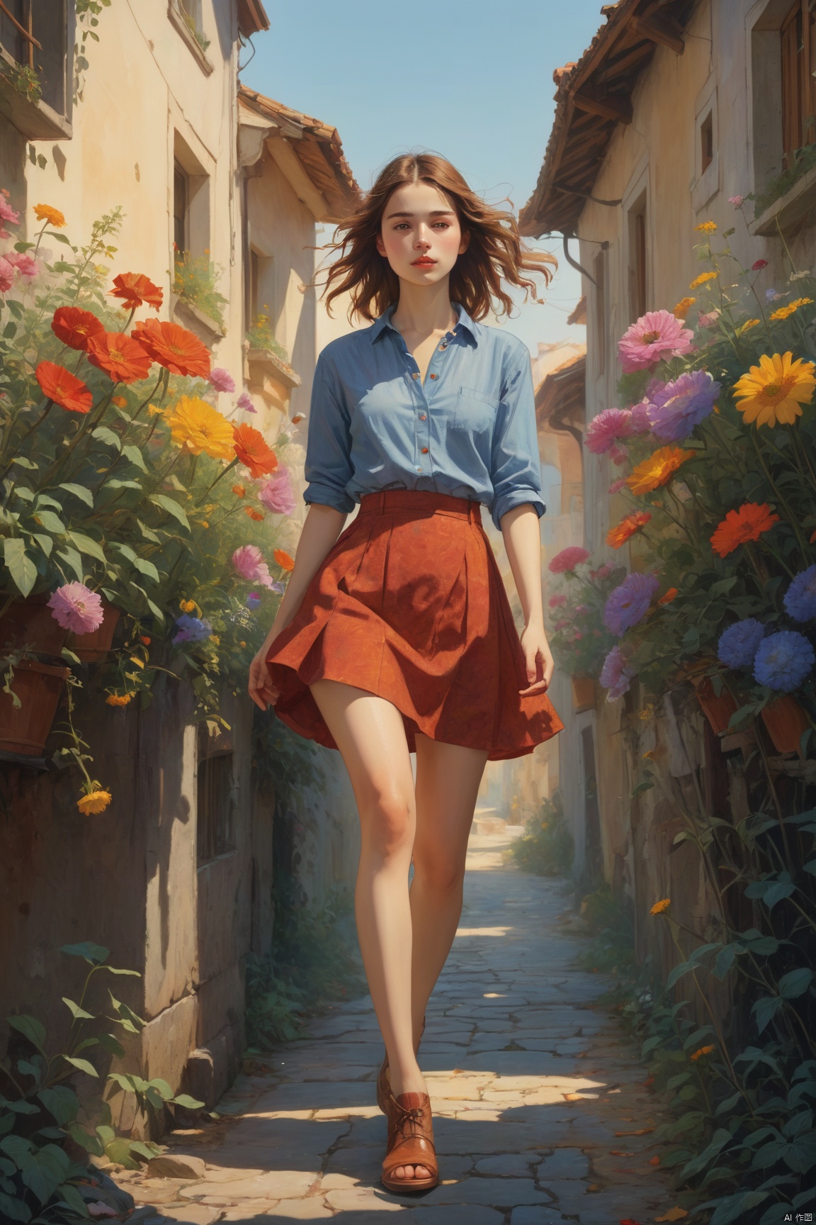  masterpiece, best quality, illustration of a girl, full body, mini skirt, perfect hand. ecstasy of flower, dynamic angle, elegant, break, vivid colours, romanticism, atmospheric, BREAK, artistic designs, cinematic, shot from below,(illustration by Mattias Adolfsson,full frame:1.5)