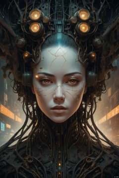  The artwork is a detailed, symmetrical portrait of a cyberpunk neuronet goddess made of delicate broken cracked corrode rust damaged porcelain and lit with backlighting. It was created by Victo Ngai and H. R. Giger and rendered using Octane. The piece is trending on CGsociety and Artstation and is highly detailed and vibrant. It is set in outer space and features a vanishing point and a super highway. It is a digital render and digital painting. 8 k, haze fog smoke, back lighting, sparks spark, fire, silhouette, in a apocalypse destroyed war zone city background, bokeh