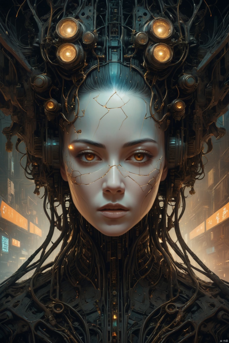  The artwork is a detailed, symmetrical portrait of a cyberpunk neuronet goddess made of delicate broken cracked corrode rust damaged porcelain and lit with backlighting. It was created by Victo Ngai and H. R. Giger and rendered using Octane. The piece is trending on CGsociety and Artstation and is highly detailed and vibrant. It is set in outer space and features a vanishing point and a super highway. It is a digital render and digital painting. 8 k, haze fog smoke, back lighting, sparks spark, fire, silhouette, in a apocalypse destroyed war zone city background, bokeh