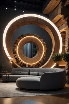  (Best quality, 4K, architectural photography, Masterpiece: 1.2), (Realiy: 1.4), (Installation art:1.2), bold lighting, Complex log curved modeling background, depth of fields,Gray sofa,Detailed details,High-definition realism, Light master, light master