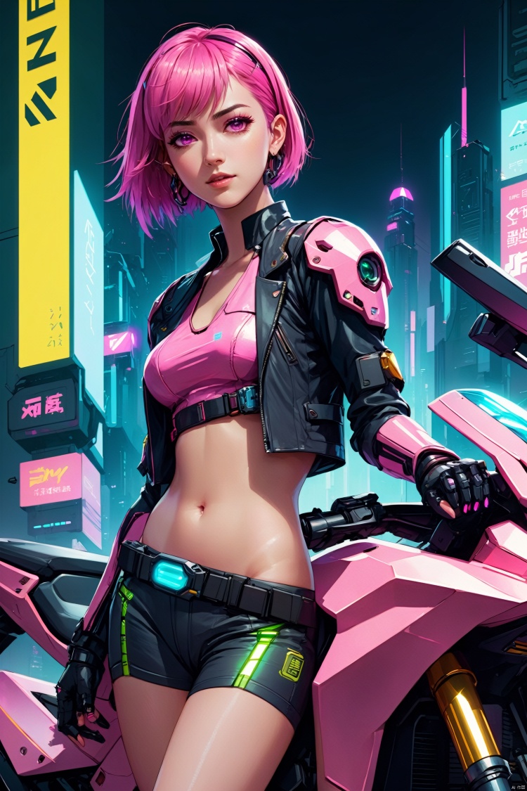  anime artwork of a girl\(cyberpunk, mecha\) with motorcycle\(ZOTAC Futuristic Motorcycle\), full body, Pink parted short hair, pink eyes, imperious, cyberpunk, dramatic, key visual, vibrant, highly detailed, holographic, look back,,,