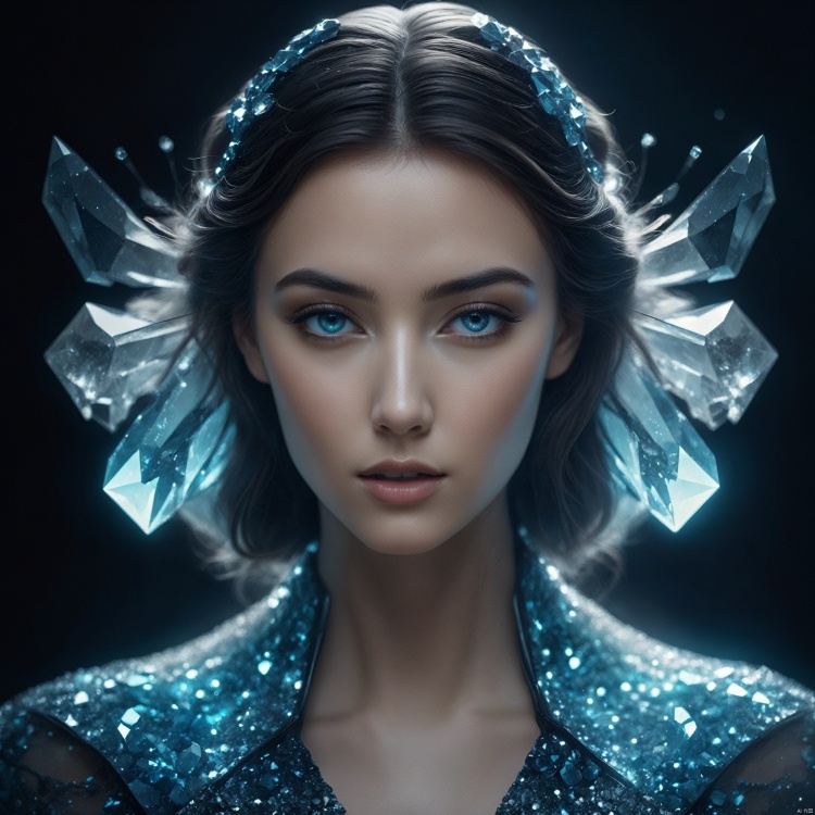  cinematic, fashion photo of a beautiful girl in the style of neomorphism, the transformation of minerals into polymorphs, glowing crystals, hyper detailed, photorealistic, detailed glow, ambient occlusion, ambient light