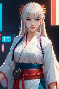  anime artwork lucy \(cyberpunk\), a beautiful girl\(sunny and cheerful\), solo, animification, long white hair, bangs, blue eyes, hanfu\(red\),