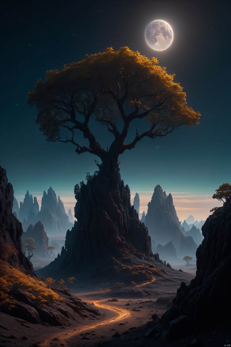  Landscape of a dark far away planet, rock and organic soil, glowing trees, UHD, masterpiece, trending on artstation, sharp focus, studio photo, intricate details, highly detailed, by greg rutkowski,light master