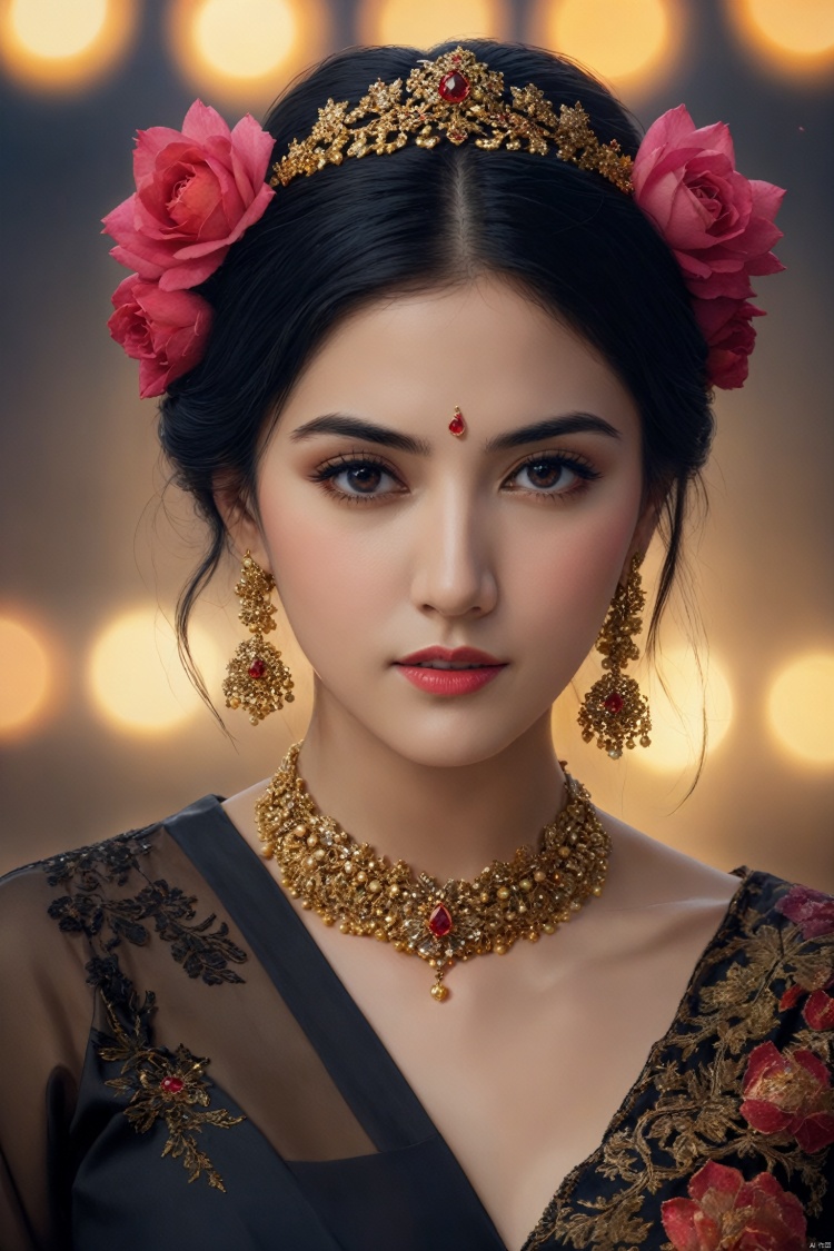  1girl, solo, jewelry, black hair, earrings, blurry background, black eyes, blurry, hair ornament, upper body, flower, realistic, traditional clothes, looking at viewer, long sleeves, lips, dress, closed mouth,best quality,masterpiece,realistic,HDR,UHD,8K,masterpiece,realistic,