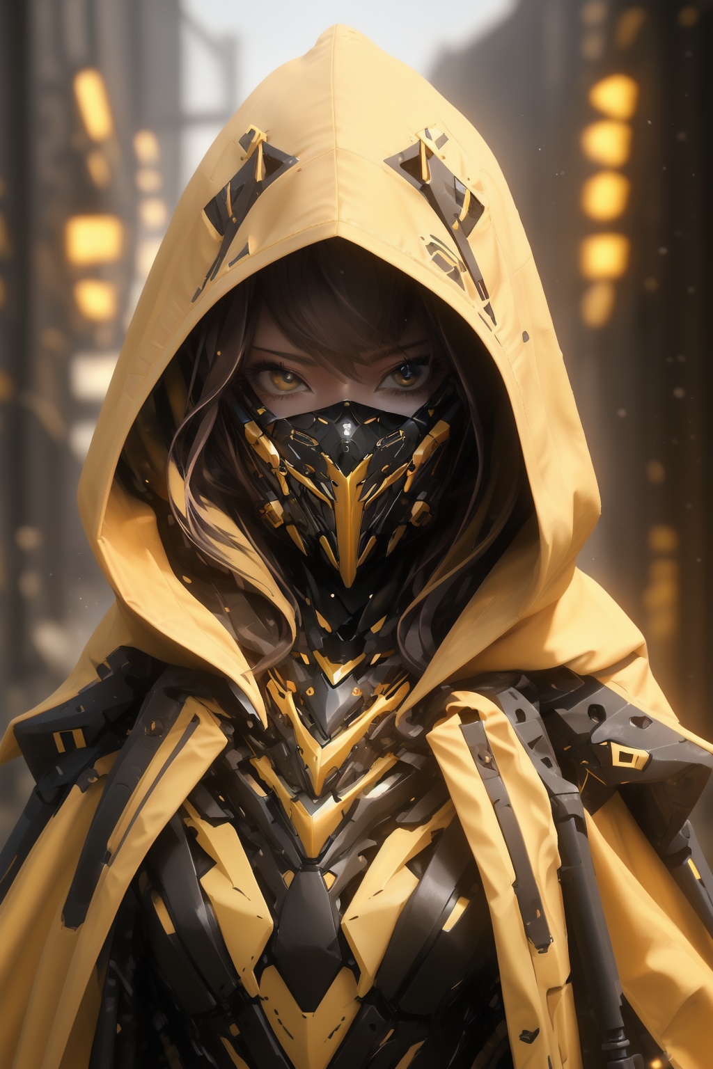 anchemixmecha,mechagirl002,1girl,solo,hood,looking at viewer,mask,blurry background,hood up,blurry,yellow suit,