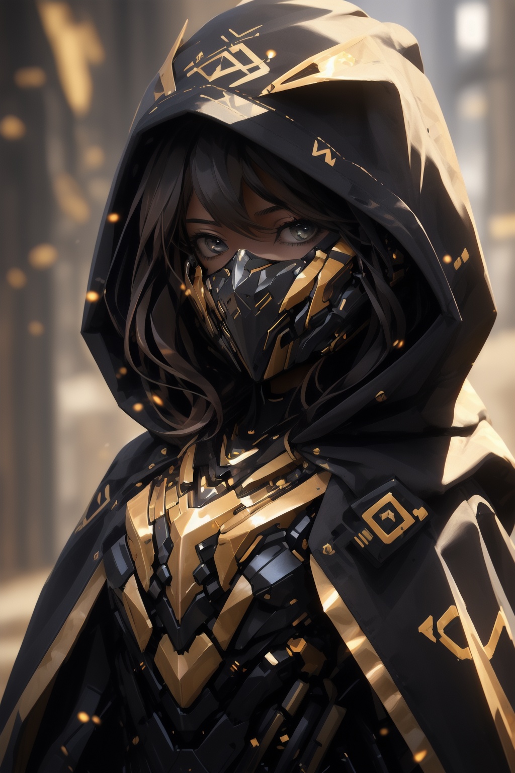 anchemixmecha, mechagirl002, 1girl, solo, hood, looking at viewer, mask, blurry background, hood up, blurry