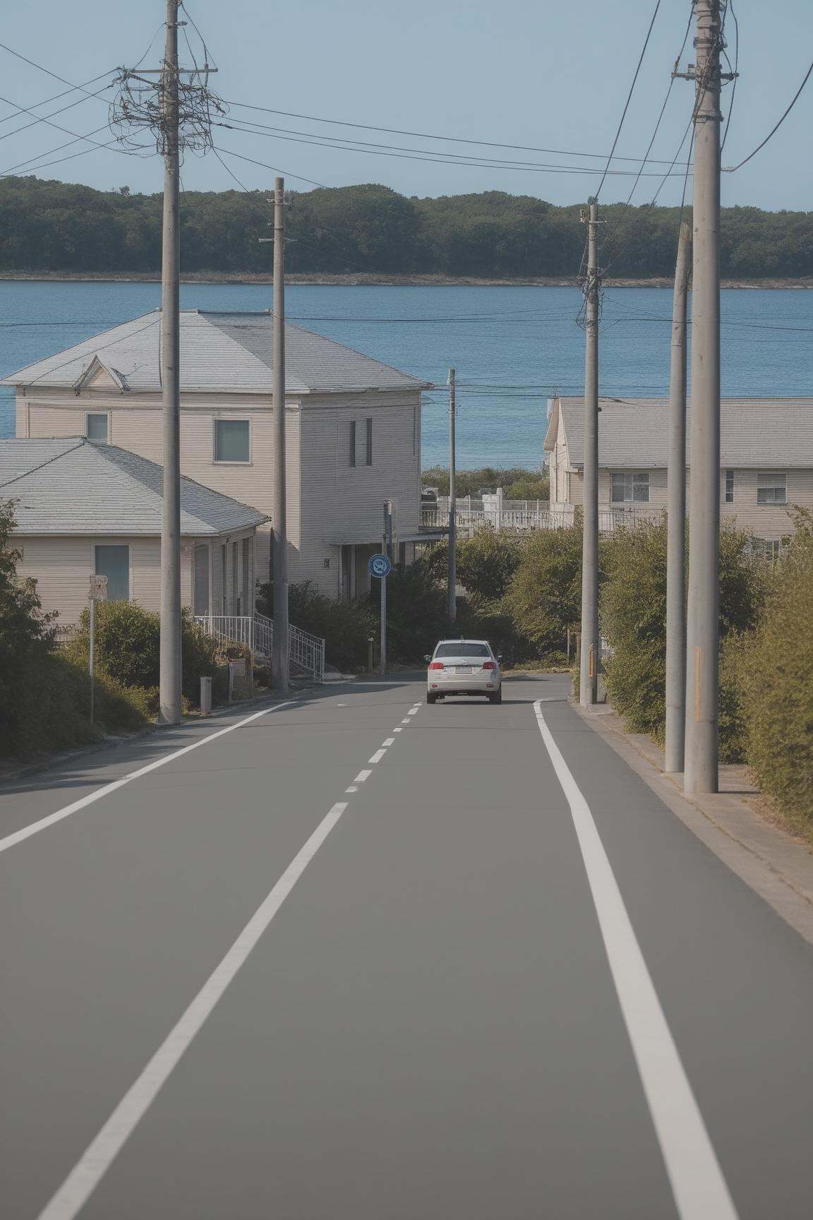 <lora:Anchestreet-V1:0.7>,anchestreet, no humans,  outdoors, ground vehicle, scenery, sky, ocean, road, railing, utility pole