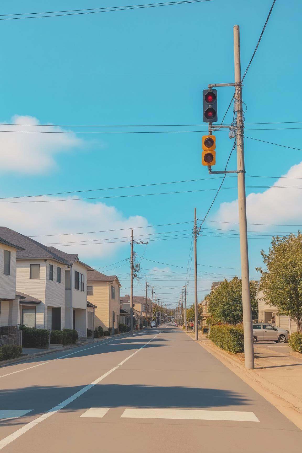 <lora:Anchestreet-V1:0.7>,anchestreet, no humans, outdoors, road, scenery, crosswalk, sky, power lines, building, street, utility pole, day, city, cloud, tree, road sign, blue sky