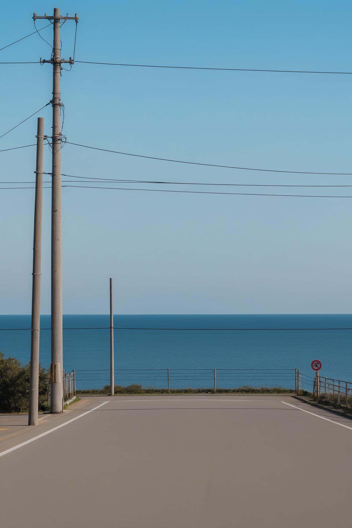 <lora:Anchestreet-V1:0.7>,anchestreet,no humans,outdoors,scenery,sky,ocean,road,railing,utility pole,