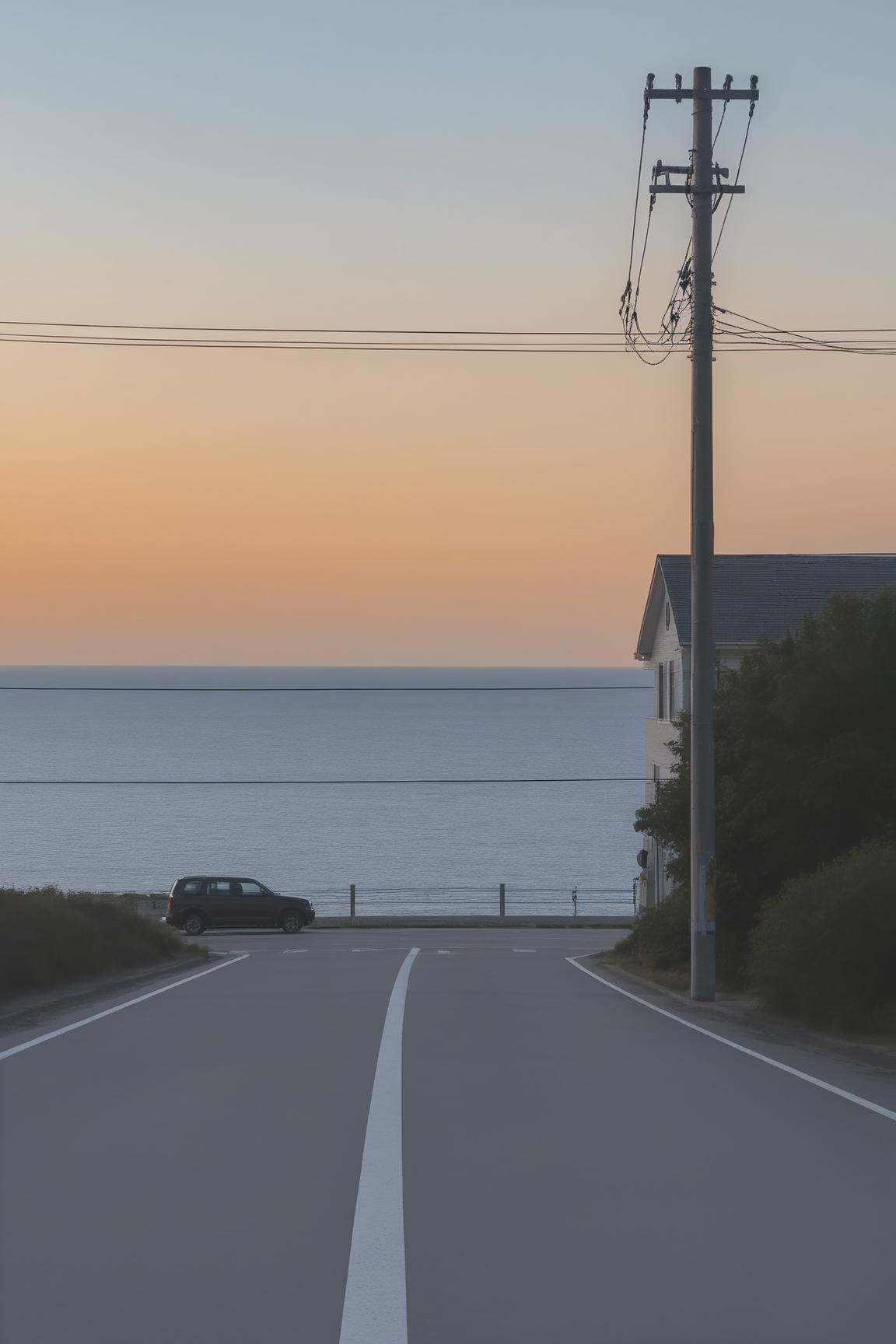 <lora:Anchestreet-V1:0.7>,anchestreet, no humans,  outdoors, ground vehicle, scenery, sky, ocean, road, railing, utility pole