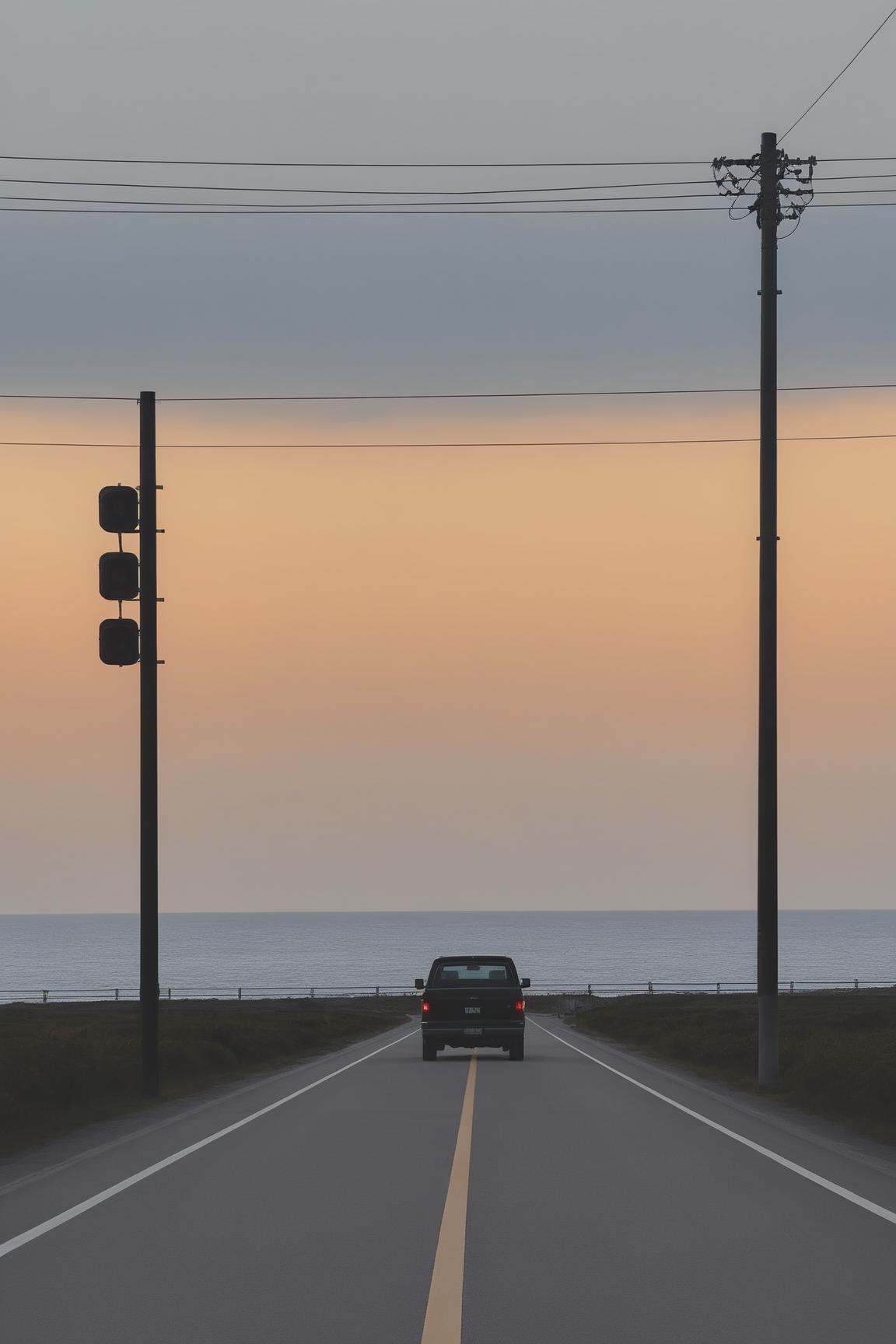 <lora:Anchestreet-V1:0.7>,anchestreet, no humans,  outdoors, ground vehicle, scenery, sky, ocean, road, railing, utility pole