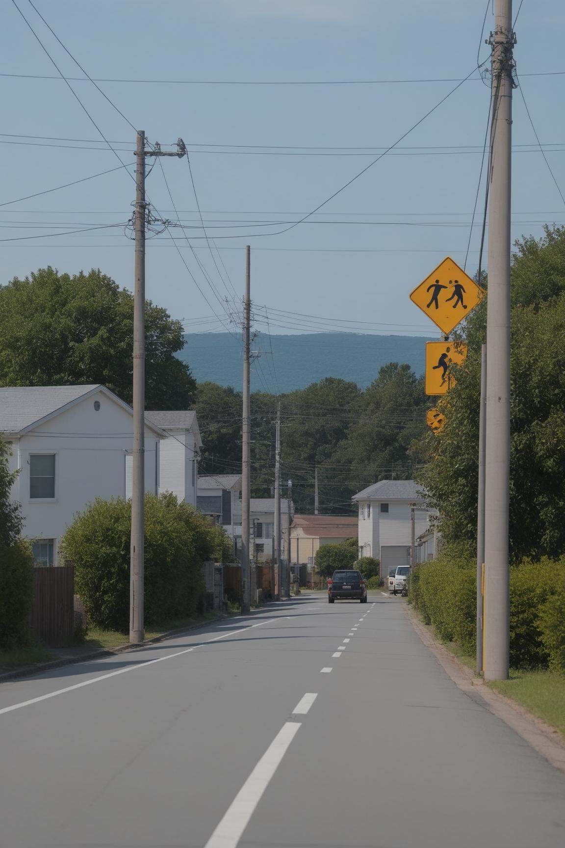 <lora:Anchestreet-V1:0.7>,anchestreet,no humans,outdoors,scenery,road,power lines,sky,sign,utility pole,road sign,day,