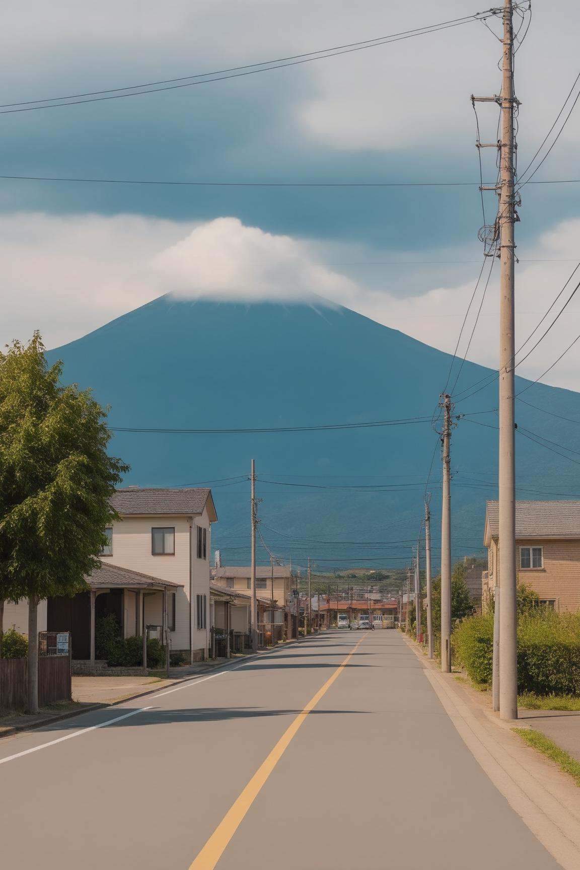 anchestreet,outdoors,scenery,no humans,road,sky,cloud,tree,utility pole,house,building,day,ground vehicle,mountain,street,<lora:Anchestreet-V1:0.7>,