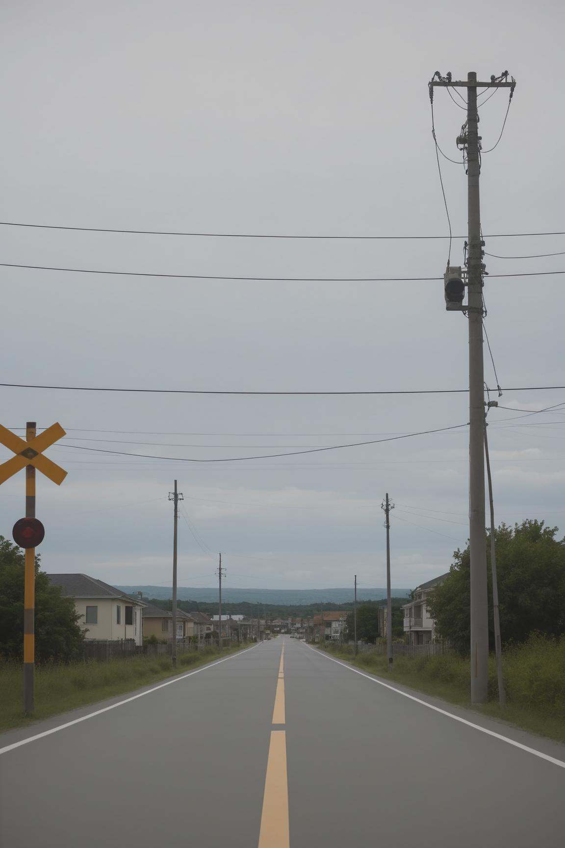 <lora:Anchestreet-V1:0.7>,anchestreet,no humans,outdoors,scenery,road,power lines,sky,sign,utility pole,road sign,day,