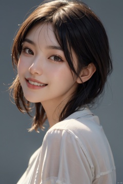  (close up portrait of a woman of east asian descent),happy and smile expression, looking at camera, slight stubble, dark hair with undercut hairstyle, clean skin, brown eyes, wearing dark shirt, soft lighting, gray background, shallow depth of field, high-resolution image, studio shot, headshot, photographic realism., masterpiece, best quality,