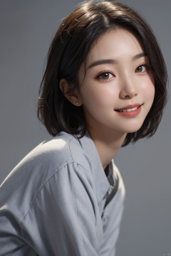  (close up portrait of a woman of east asian descent),happy and smile expression, looking at camera, slight stubble, dark hair with undercut hairstyle, clean skin, brown eyes, wearing dark shirt, soft lighting, gray background, shallow depth of field, high-resolution image, studio shot, headshot, photographic realism., masterpiece, best quality,