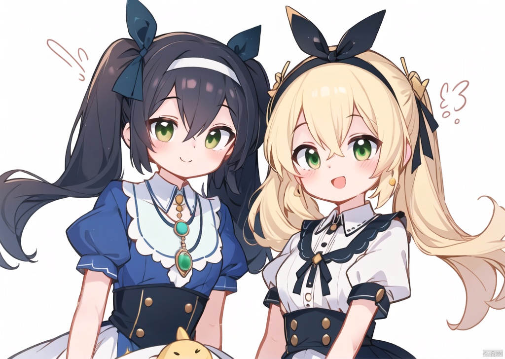 long hair, looking at viewer, smile, short hair, bangs, multiple girls, blonde hair, simple background, shirt, black hair, white background, dress, ribbon, 2girls, hair between eyes, twintails, jewelry, green eyes, hair ribbon, yellow eyes, upper body, short sleeves, hairband, puffy sleeves, necklace, puffy short sleeves, pendant, lolita hairband, frilled hairband, sakurai momoka, matoba risa
