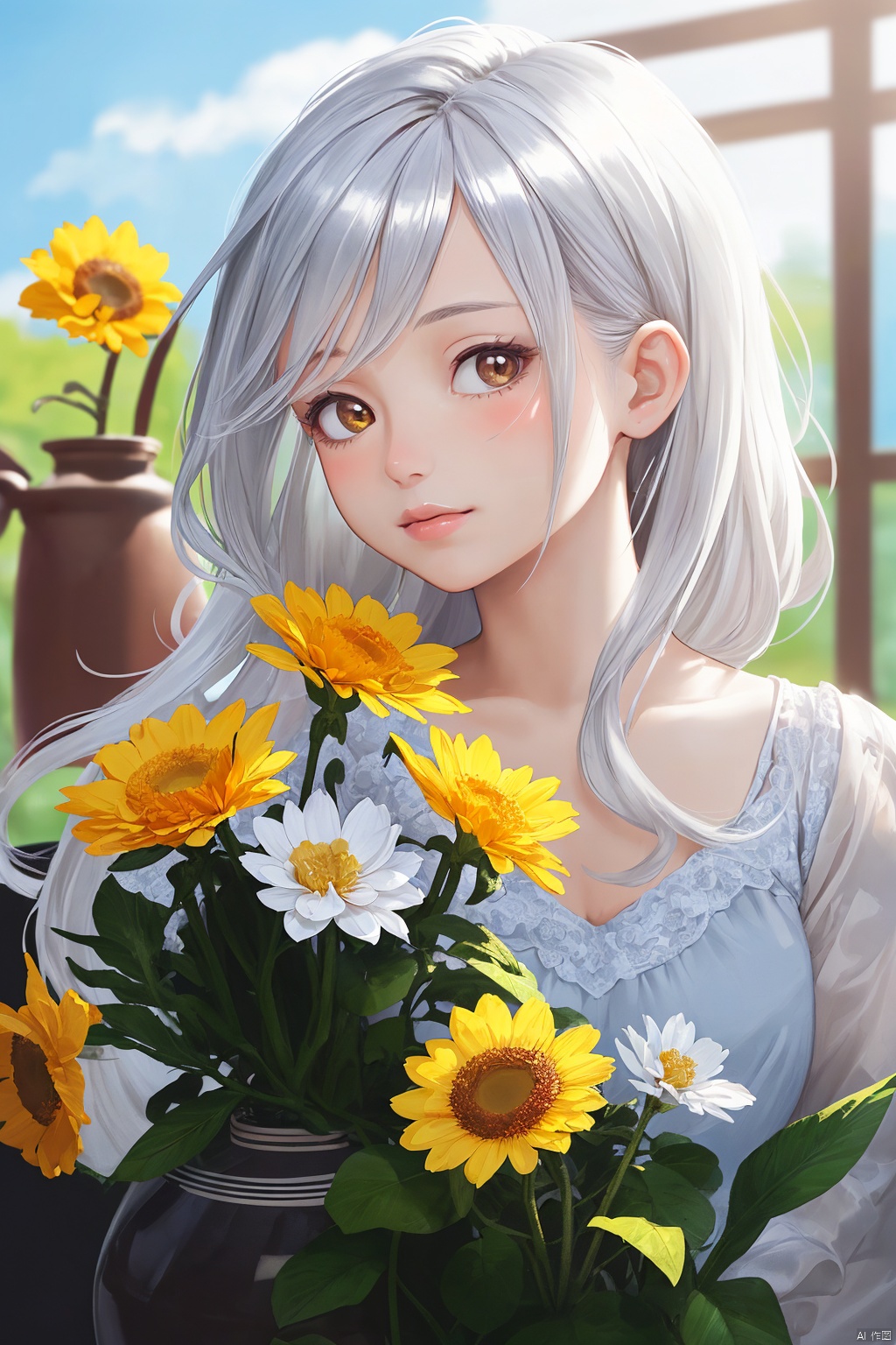  masterpiece,best quality,1girl,silver hair,Still Life,nobody,Product Photography,Sunshine,flowers