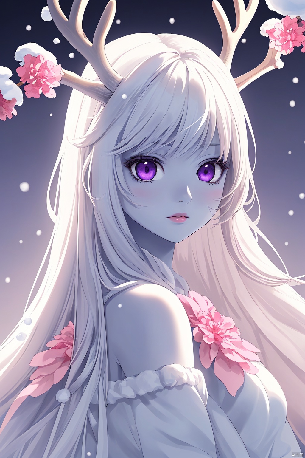 1girl,She has snow-white skin, long silver white hair, and deep purple eyes. Her head was adorned with pink flowers and a pair of blue deer antlers. The background is a light pink tone