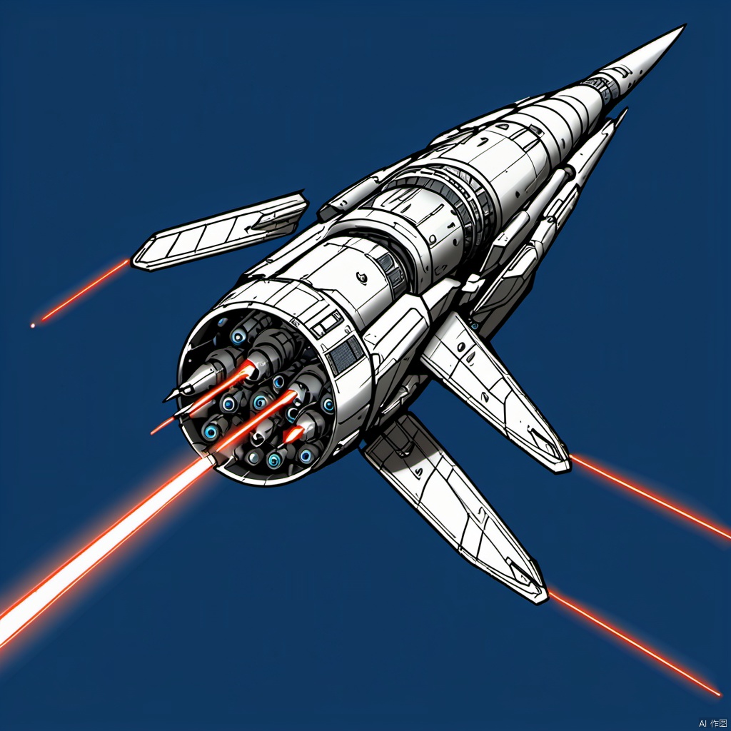 line art, line_art, sliver spacecraft, CDE_spaceship, no humans, science fiction, blue space, vehicle focus, vehicle_focus, military vehicle, combat, laser,