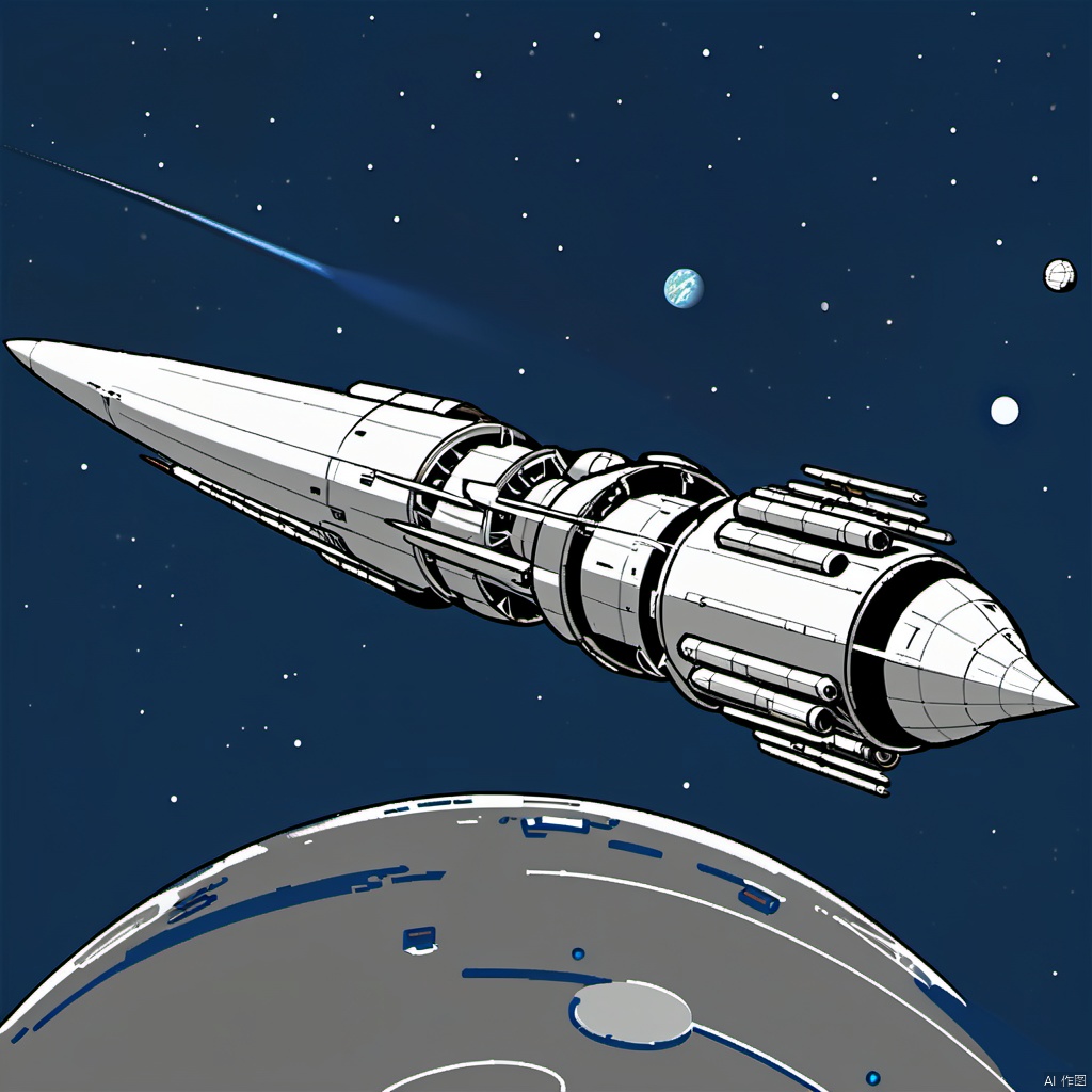  line art, line_art, sliver rocket spacecraft, CDE_spaceship, no humans, science fiction, blue space, vehicle focus, vehicle_focus, military vehicle, wings, planet,
