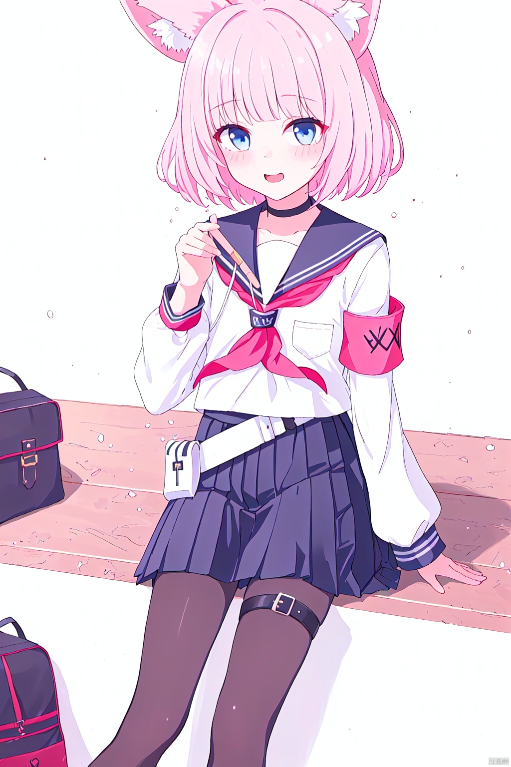  1girl,(masterpiece:1.3),( beautiful:1.2),(high quality:1.2),(finely detailed:1.2),extremely detailed CG unity 8k wallpaper,best quality,a very delicate and beautiful,perfect fingers,(one cute girl at the center:1.2),nicoBA,animal ears,armband,bangs,belt,belt buckle,black choker,black legwear,black skirt,blue eyes,buckle,choker,collarbone,fox ears,leg belt,long sleeves,pantyhose,pink hair,pleated skirt,sailor collar,school uniform,serafuku,shirt,short hair,skirt,thigh strap,
halo,sitting,shoes,